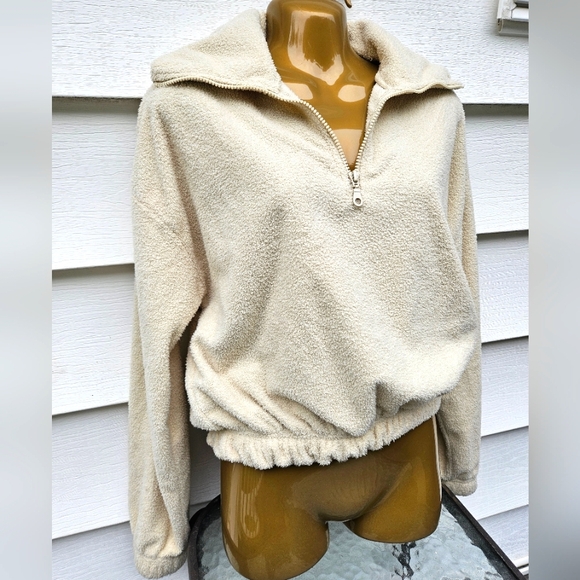 Urban Outfitters Cream Quarter-Zip Fleece Pullover Elastic Waist Sweater XS - Picture 1 of 5